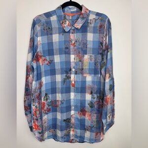 Joules Jeanne Gingham Floral Linen Shirt Women’s Size 2 Longline Button Front